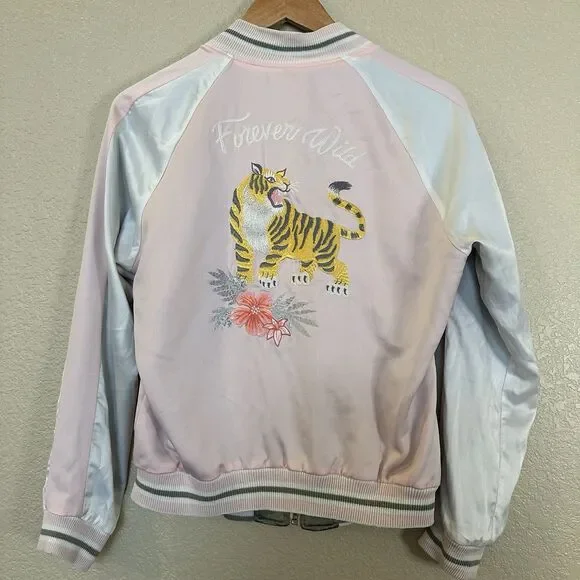 Hollister Bomber Jacket Womens Medium Pink Embroidered Tiger Reversible Zip Up - Picture 8 of 14